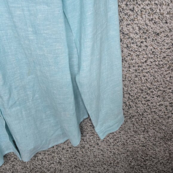 Susan Graver Top Womens Medium Blue Linen Blend Button Up Roll Tab Sleeve Ladies - Picture 2 of 7